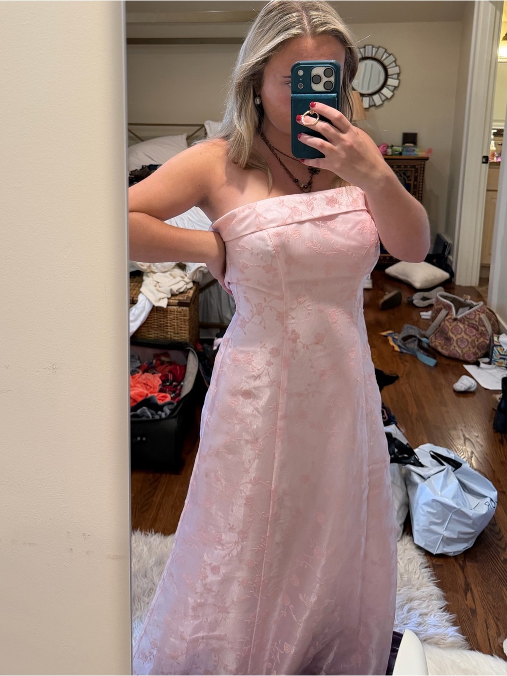 Morgan and Co. by Linda Bernell Strapless Light Pink Floral Sparkle Formal Gown